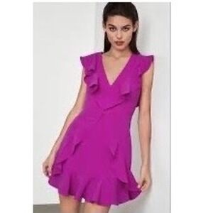 BCBGMAXAZRIA Fuchsia Pink Ruffle V Neck Flounce Dress Size 0 Mini